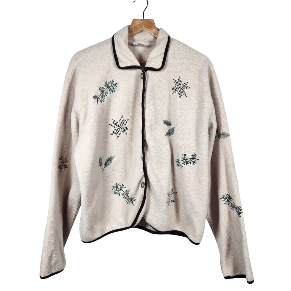 Vintage Talbots Fleece Embroidered Button Up Collared Jacket Size Large